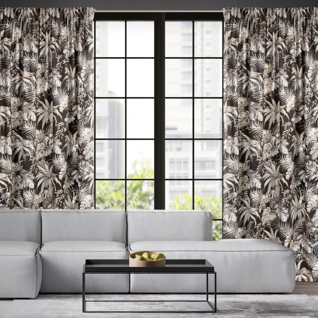 Záves 140x270 cm zamatový tmavohnedý so striebornými listami na riasiacu pásku RODOS