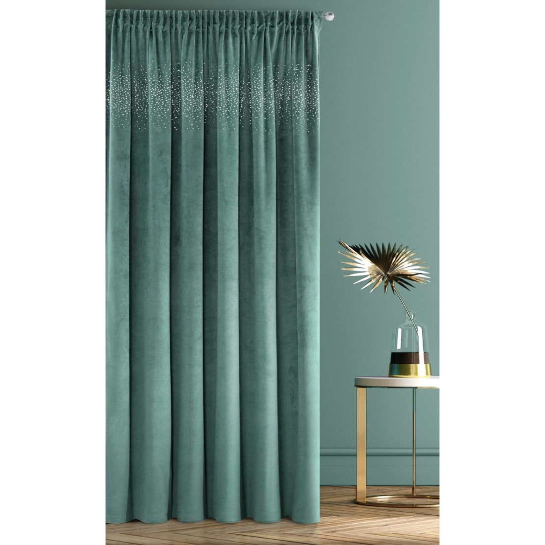 Závěs 140 × 270 cm sametový tmavě tyrkysový se stříbrnými krystaly na řasicí pásce AURORA