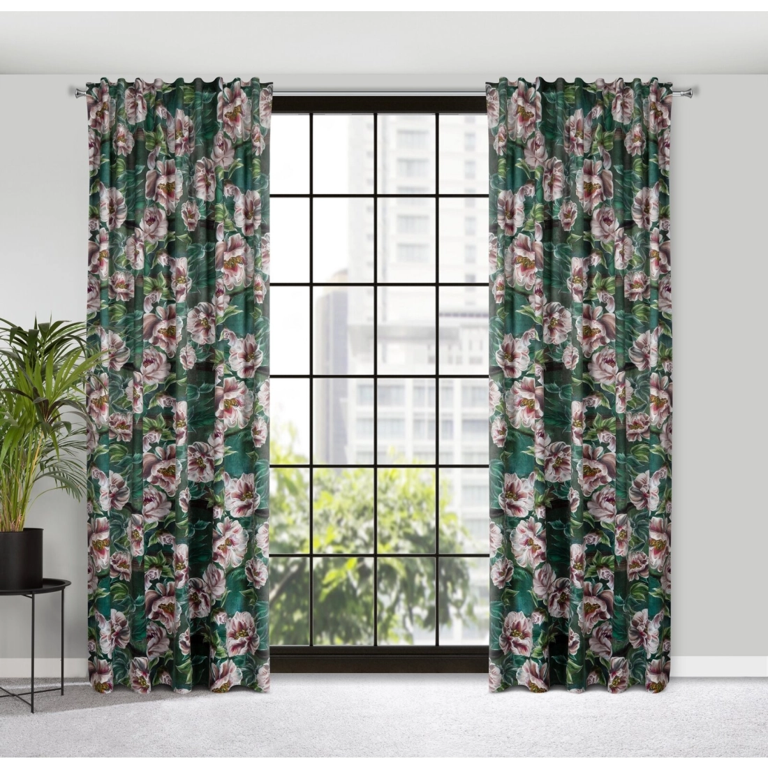 Záves 140x270 cm zamatový zelený, ružový na riasiacu pásku PALMERA