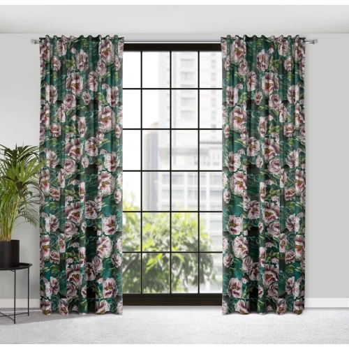 Záves 140x270 cm zamatový zelený, ružový na riasiacu pásku PALMERA