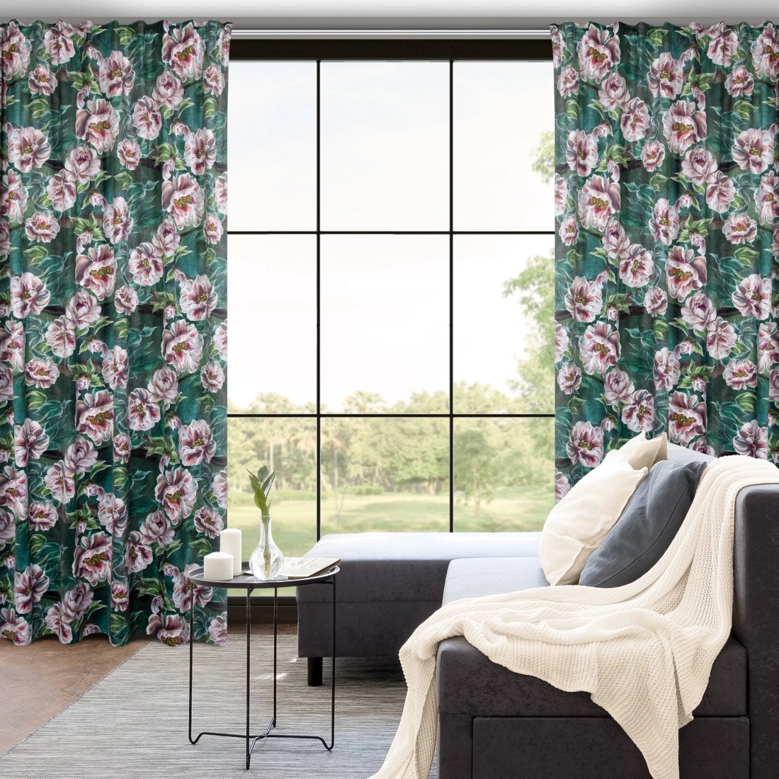 Záves 140x270 cm zamatový zelený, ružový na riasiacu pásku PALMERA