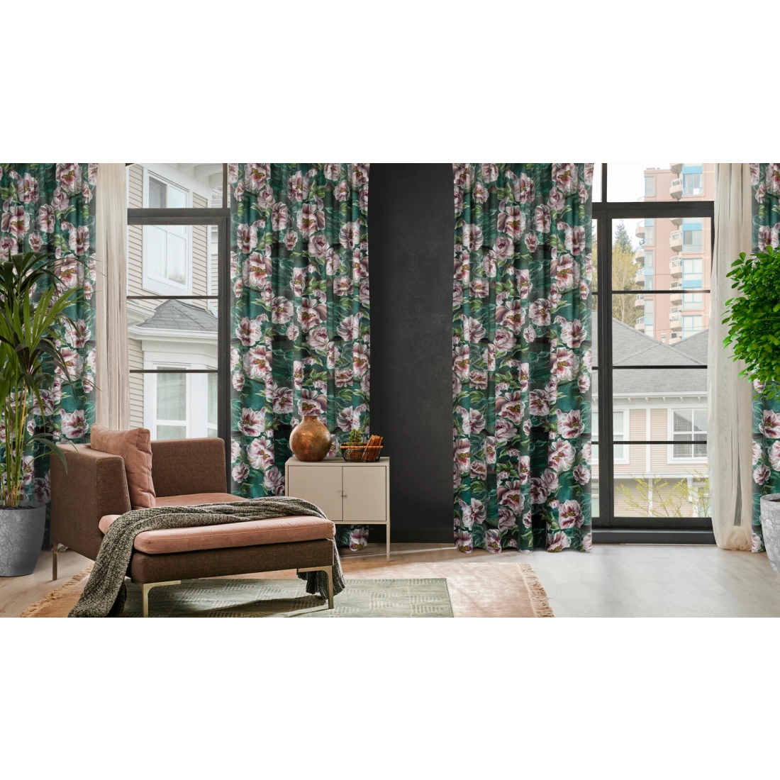 Záves 140x270 cm zamatový zelený, ružový na riasiacu pásku PALMERA