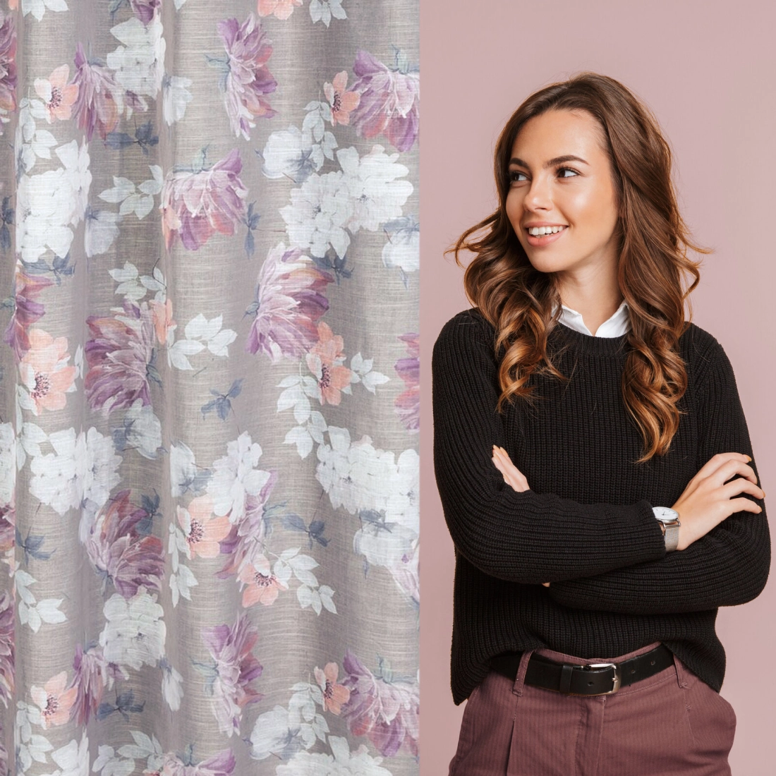 Záves 140x300 cm etamínový strieborný s ružovými kvetmi na riasiacu pásku SHERRY