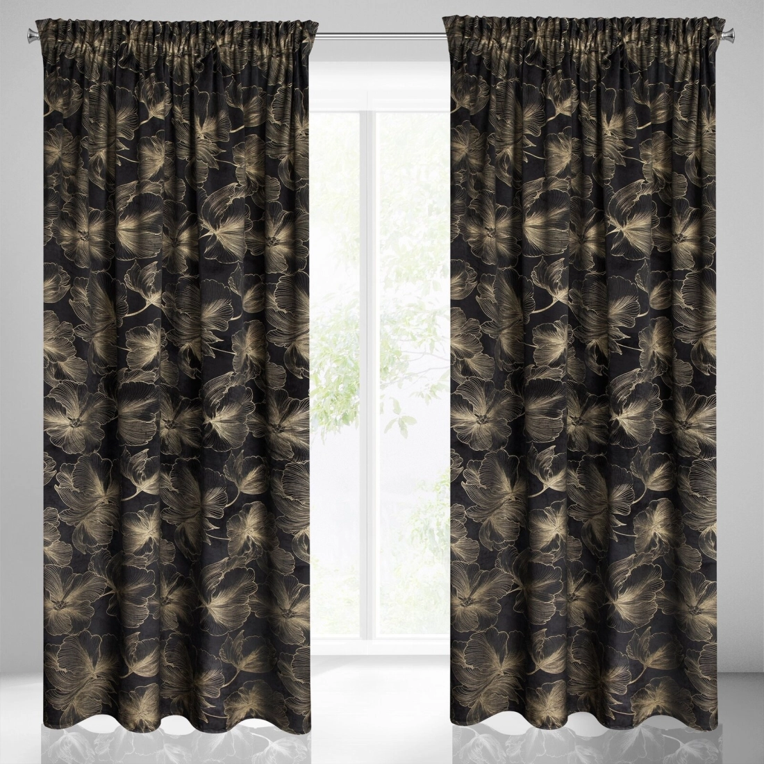 Záves 140x300 cm velúrový čierny zlatistý na riasiacu pásku STELLA