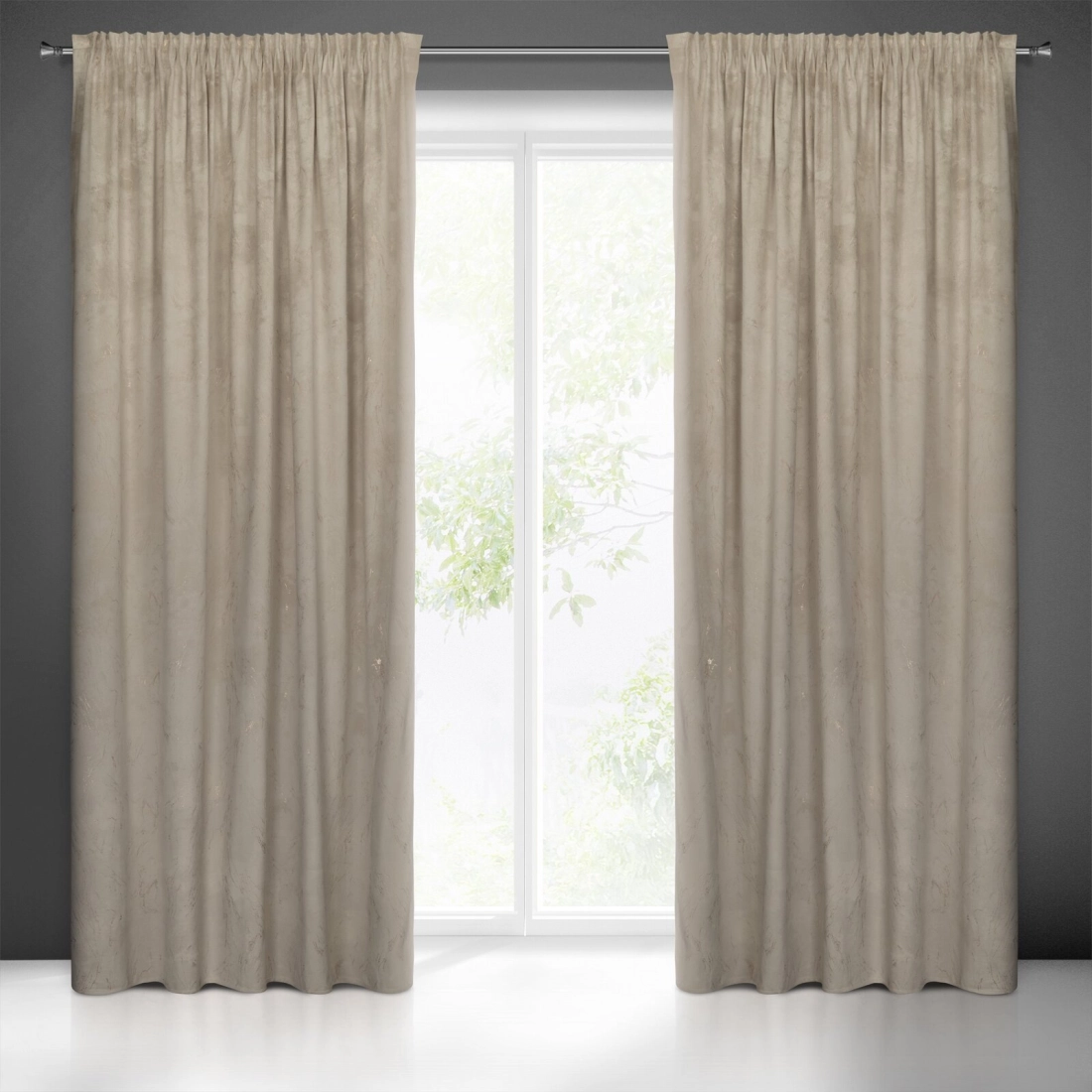 Závěs 140x300 cm sametový béžový se zlatým vzorem na řasicí pásku NADIA