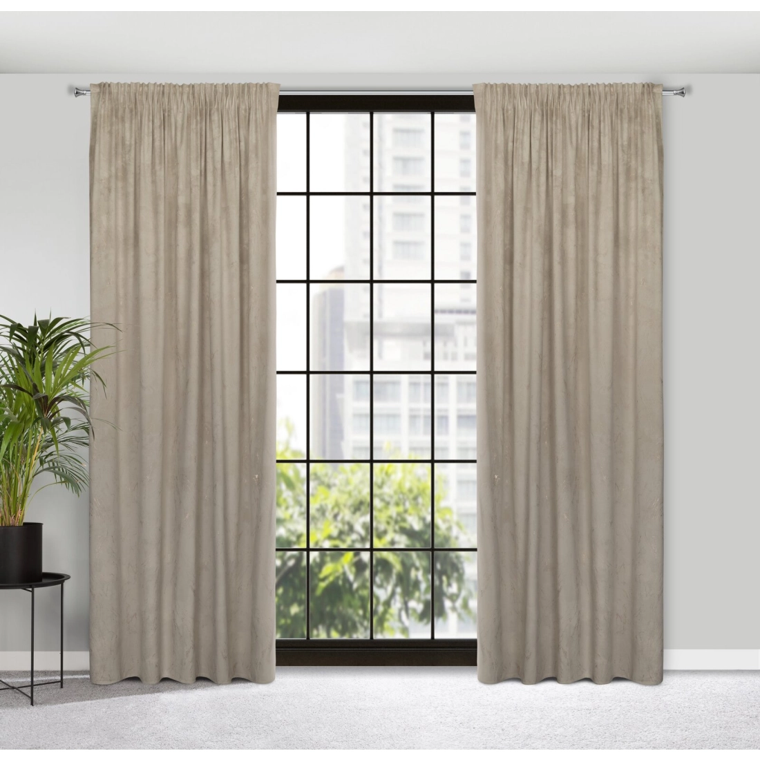 Závěs 140x300 cm sametový béžový se zlatým vzorem na řasicí pásku NADIA