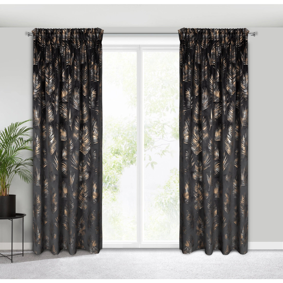 Záves 140x300 cm zamatový čierny, šampanský na riasiacu pásku GLORIA