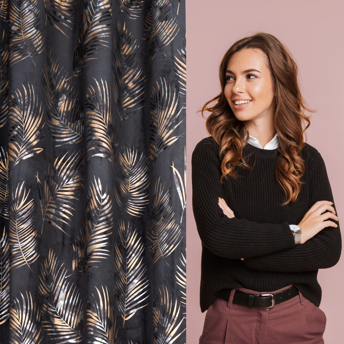 Záves 140x300 cm zamatový čierny, šampanský na riasiacu pásku GLORIA