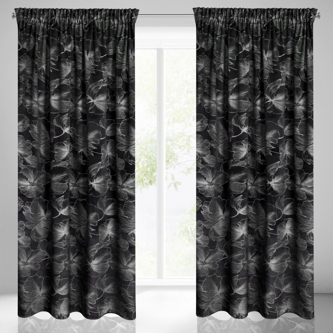 Záves 140x300 cm zamatový čierny strieborný na riasiacu pásku STELLA