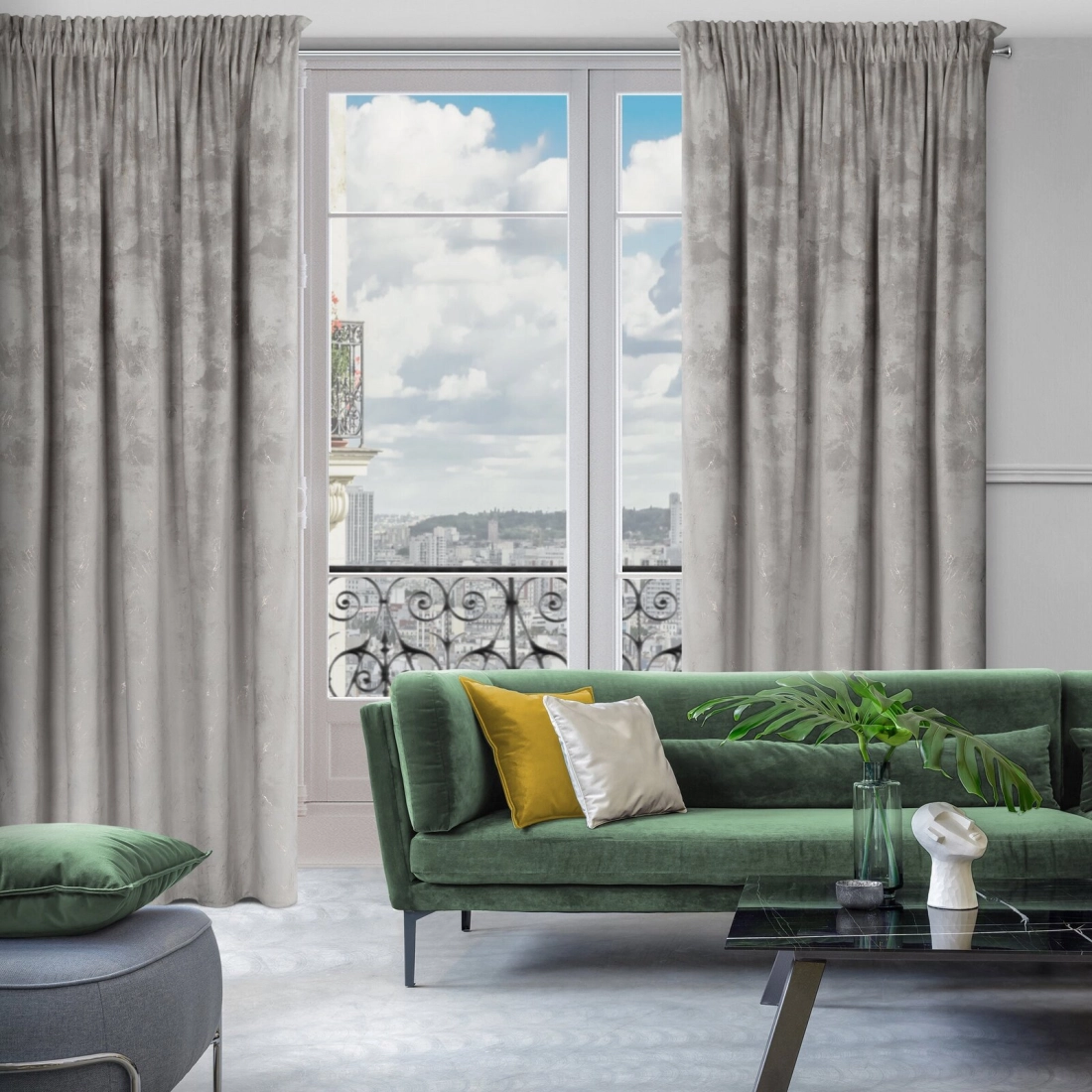 Záves 140x300 cm zamatový strieborný so zlatým vzorom na riasiacu pásku NADIA