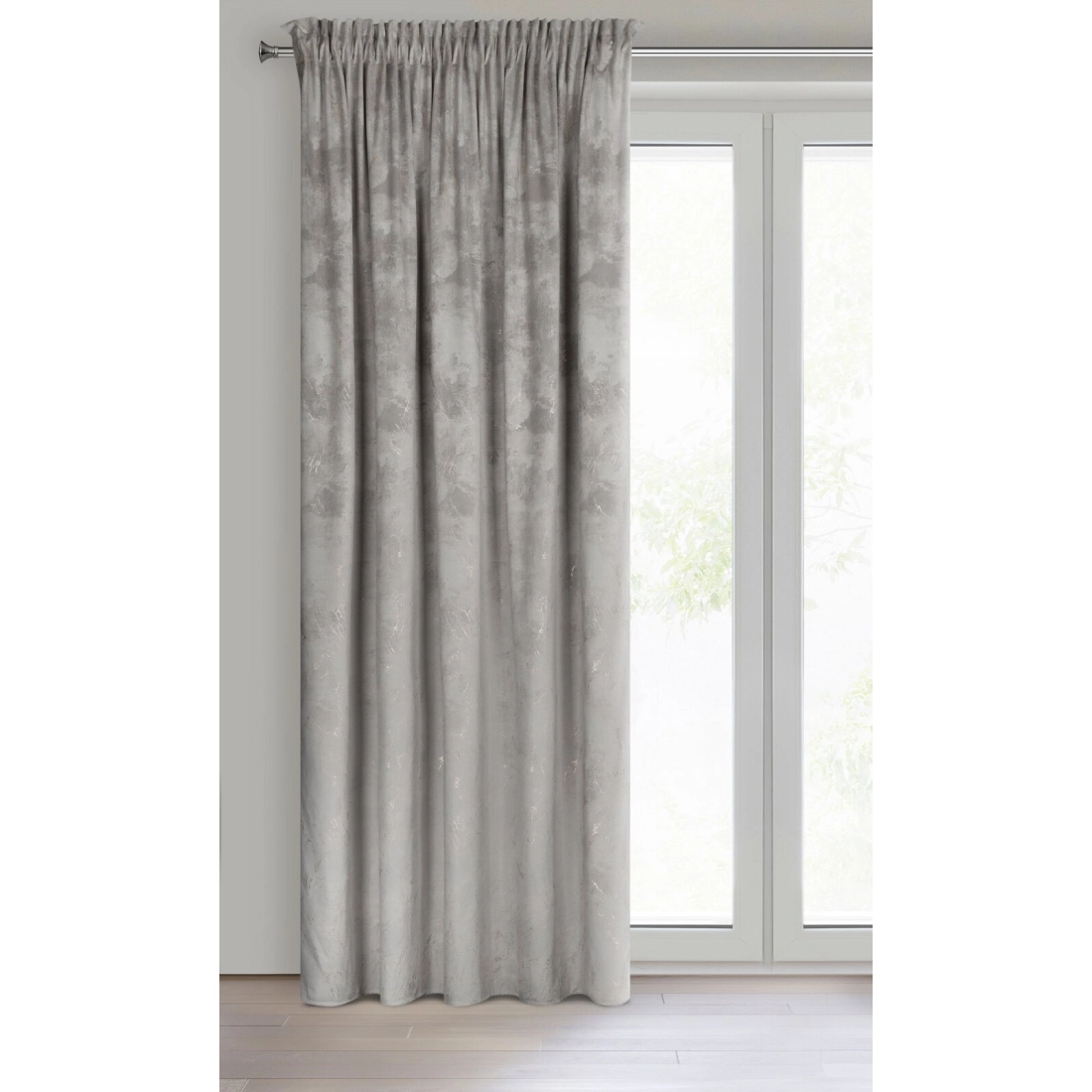 Záves 140x300 cm zamatový strieborný so zlatým vzorom na riasiacu pásku NADIA