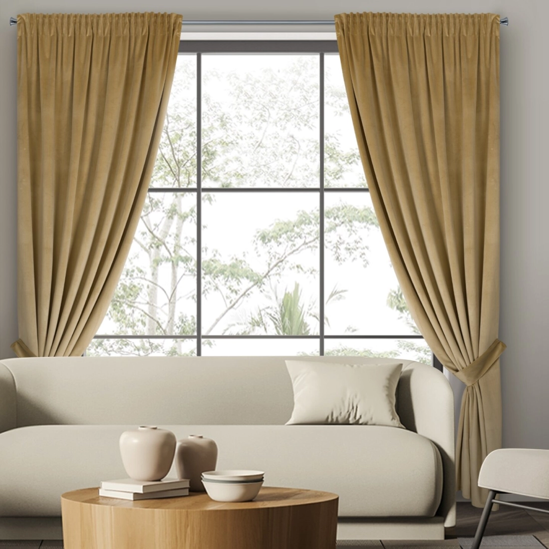 Závěs 140x300 cm sametový tmavě béžový na řasící pásku ANTARA