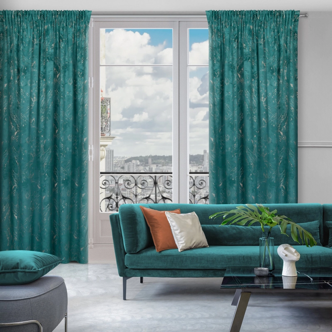 Záves 140x300 cm zamatový tmavotyrkysový so zlatým vzorom na riasiacu pásku NADIA