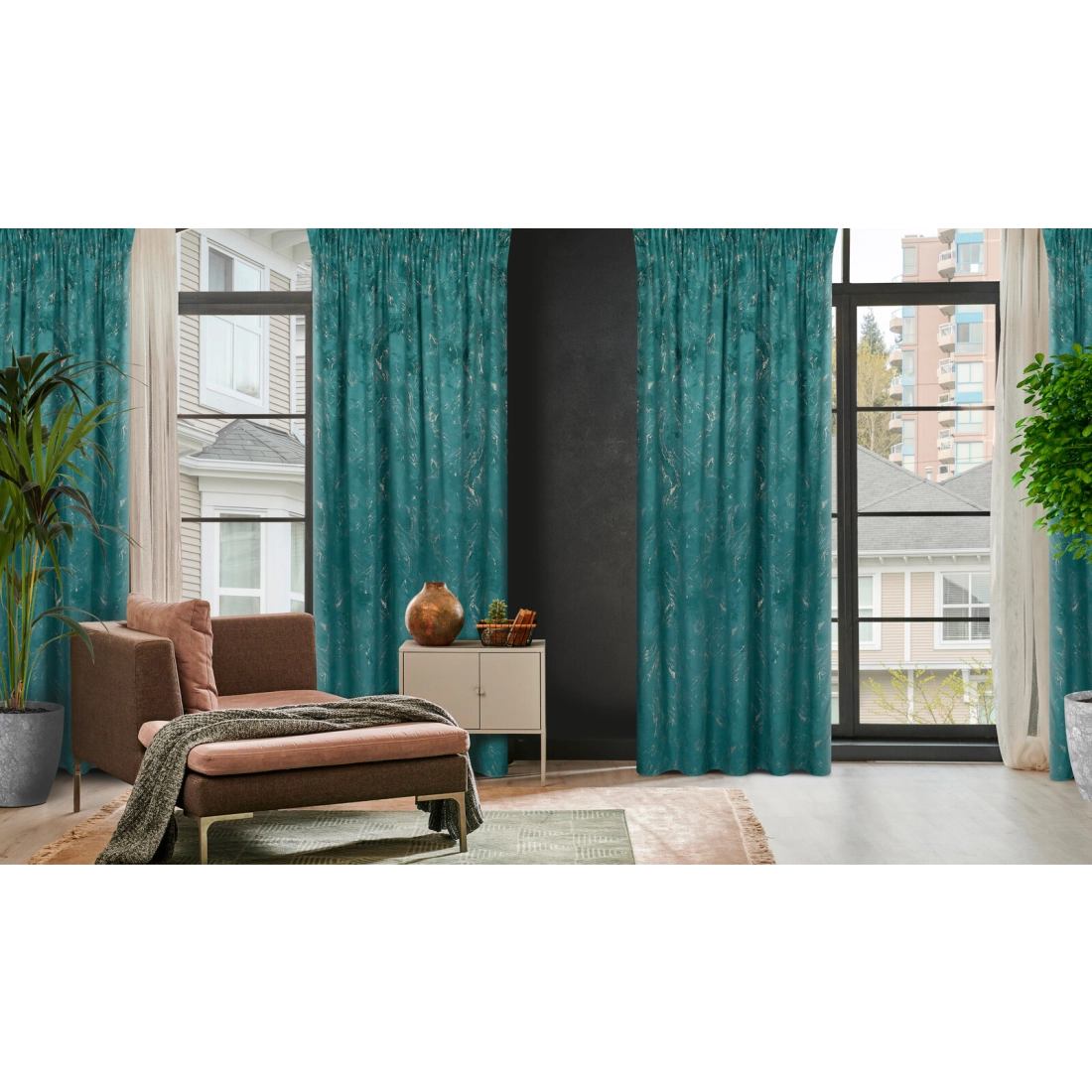 Záves 140x300 cm zamatový tmavotyrkysový so zlatým vzorom na riasiacu pásku NADIA