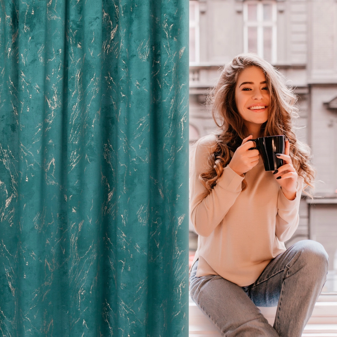 Záves 140x300 cm zamatový tmavotyrkysový so zlatým vzorom na riasiacu pásku NADIA