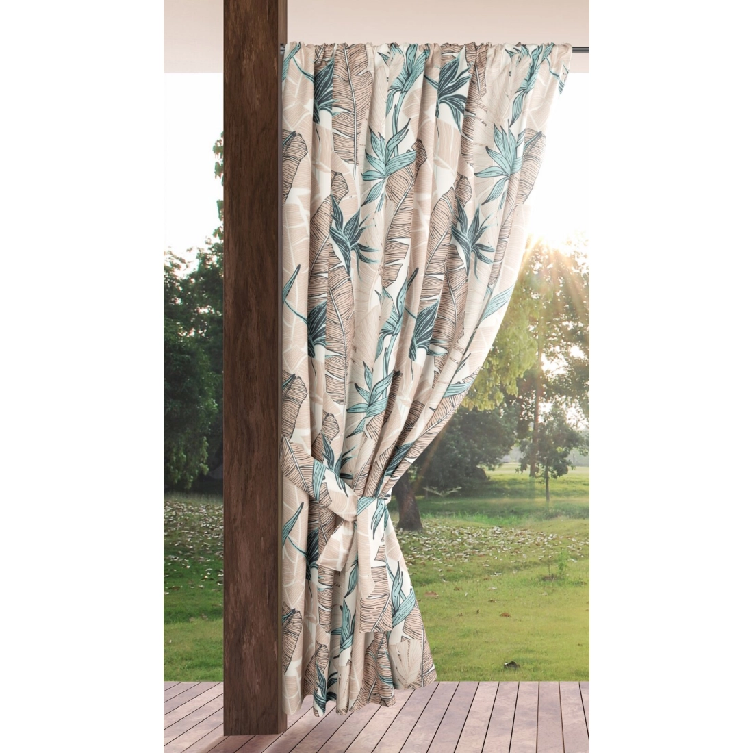 Voděodolná závěsová záclona 155x200 cm z polyesteru béžová zelená na tunel GARDEN
