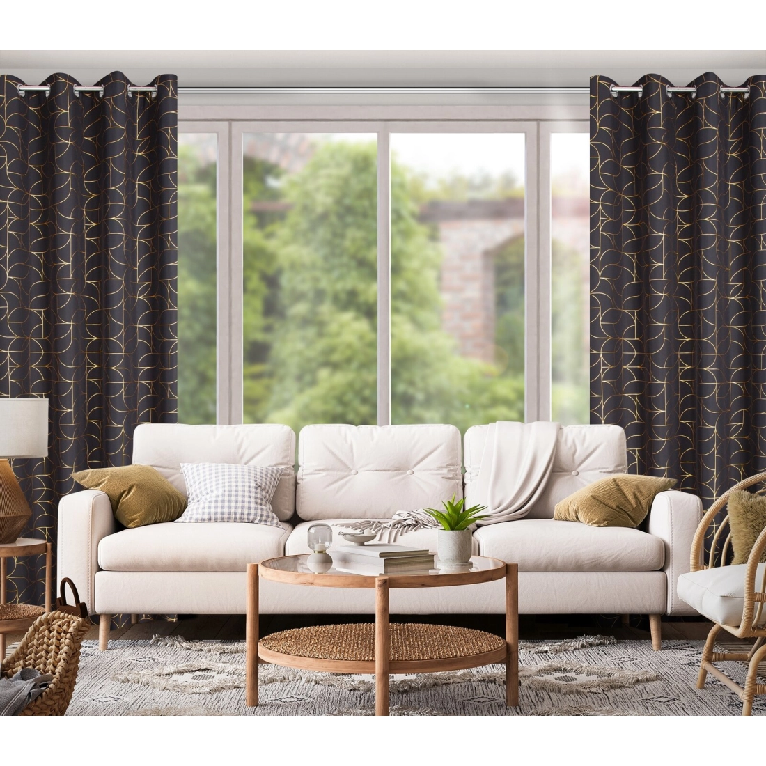 Záves na kovové krúžky EVI 140x250 cm, čierny so zlatou geometrickou potlačou