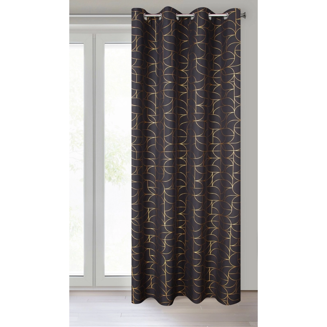 Záves na kovové krúžky EVI 140x250 cm, čierny so zlatou geometrickou potlačou