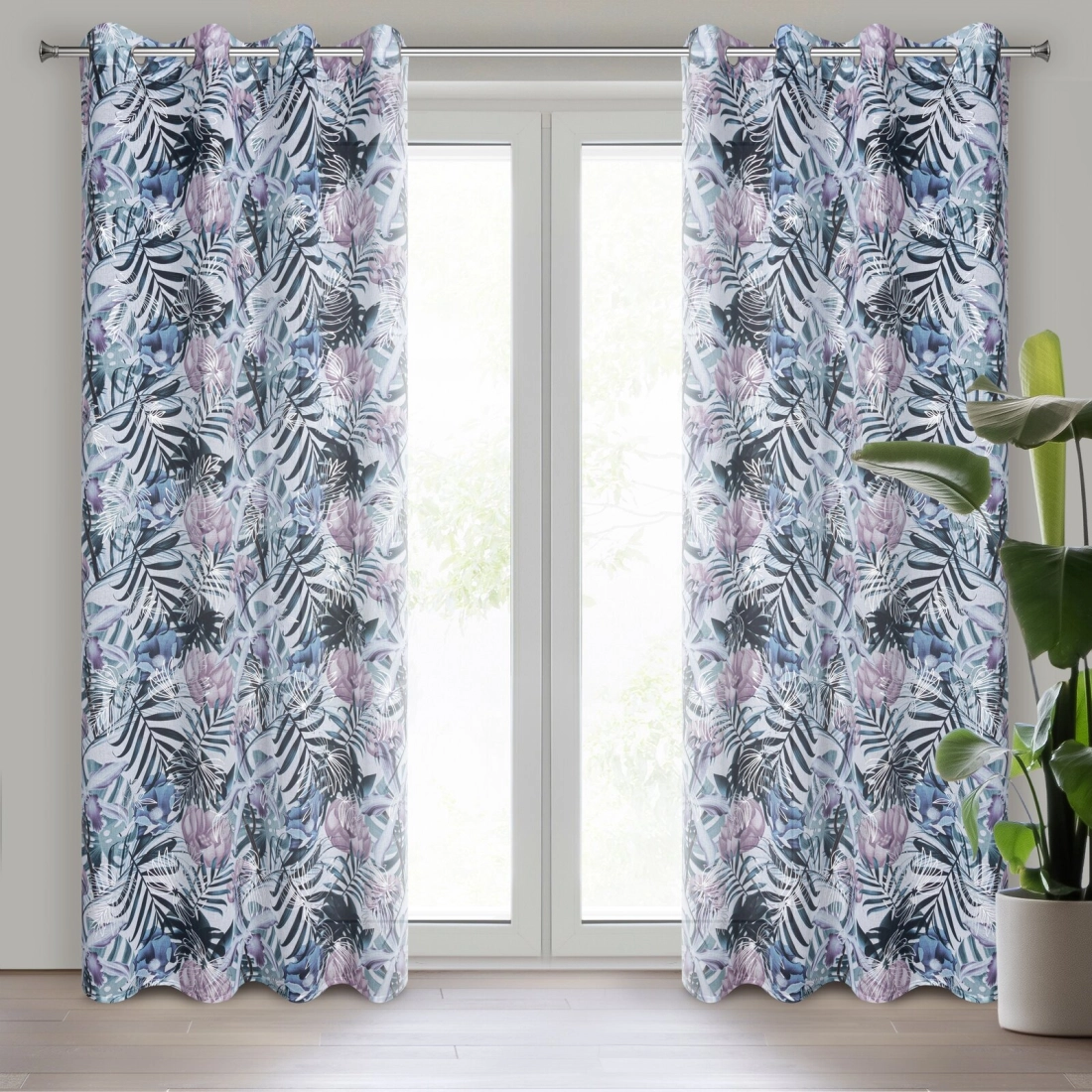 Záves s exotickými rastlinami na kovové krúžky MALIBU 140x250 cm, bielo-zelený