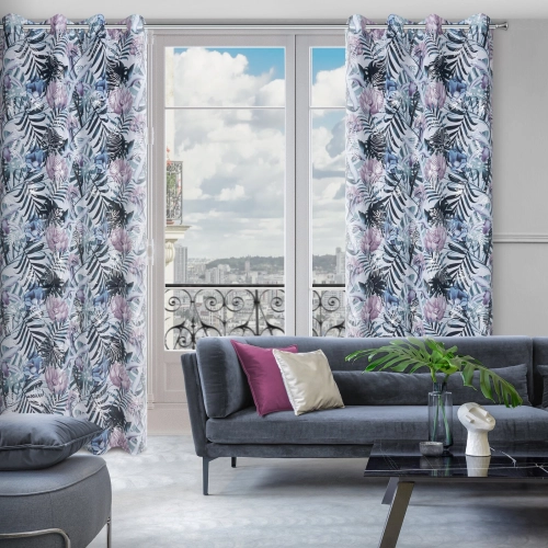 Záves s exotickými rastlinami na kovové krúžky MALIBU 140x250 cm, bielo-zelený