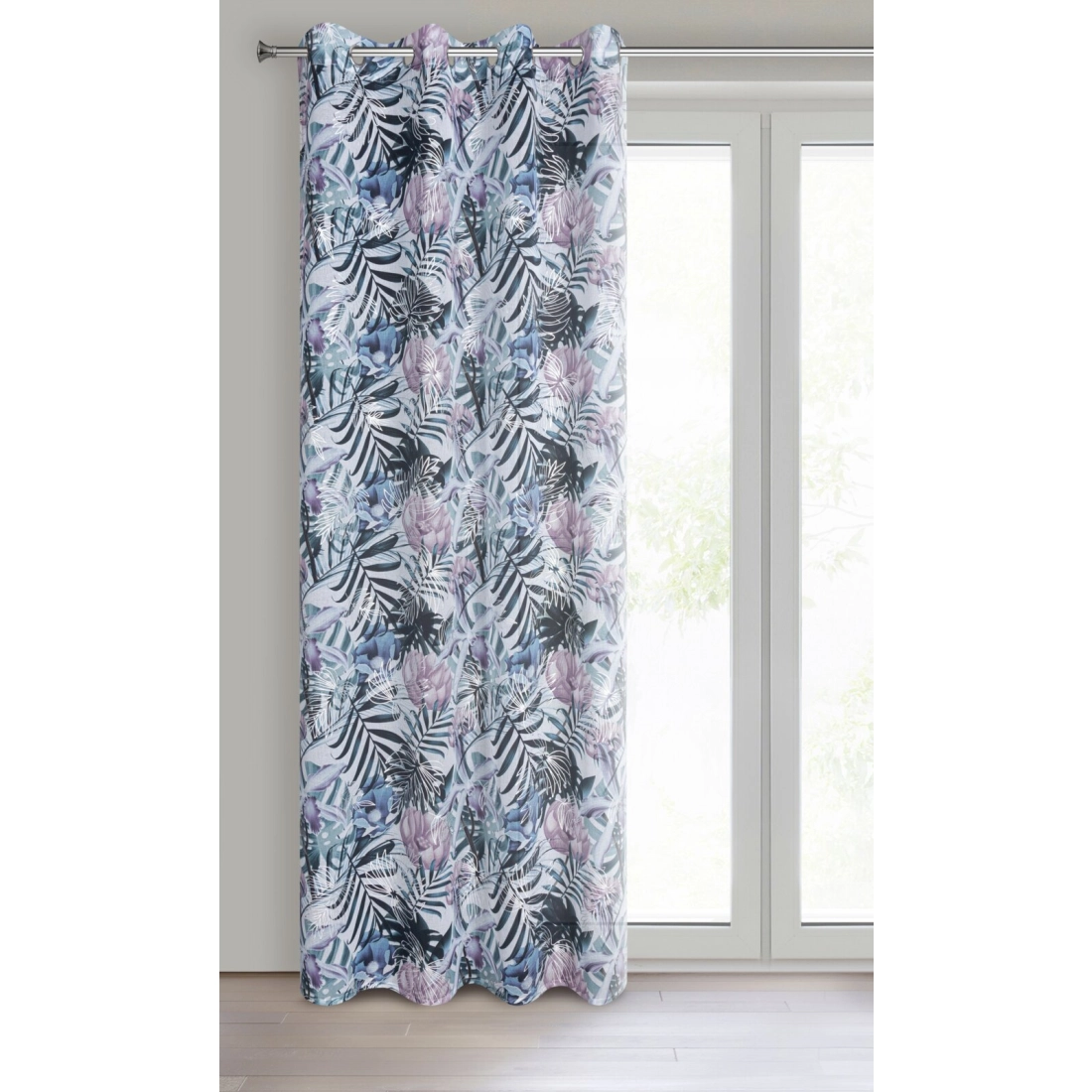 Záves s exotickými rastlinami na kovové krúžky MALIBU 140x250 cm, bielo-zelený