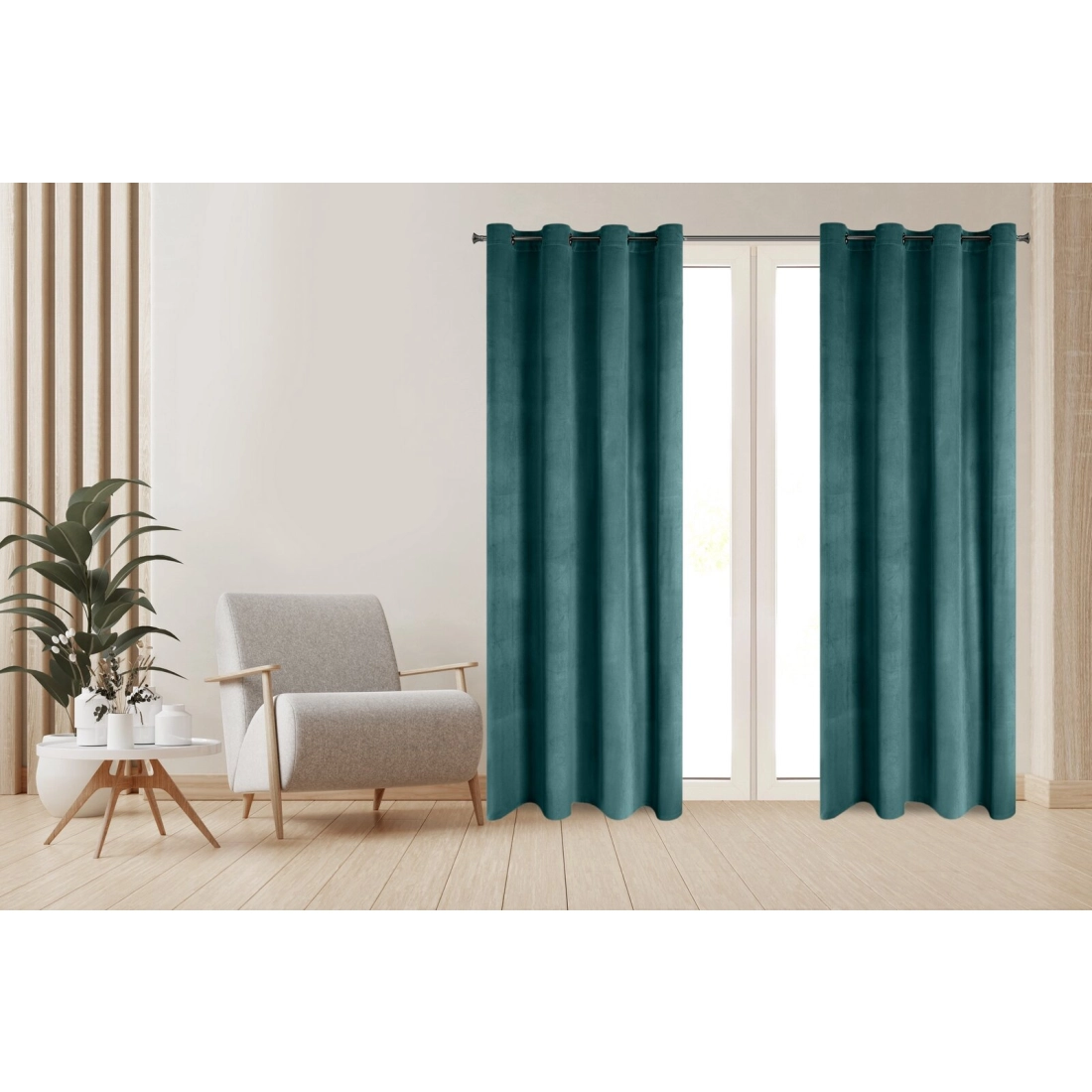 Závěsy 140x250 cm matný velur v tmavě tyrkysové barvě na kovové kroužky DARLA