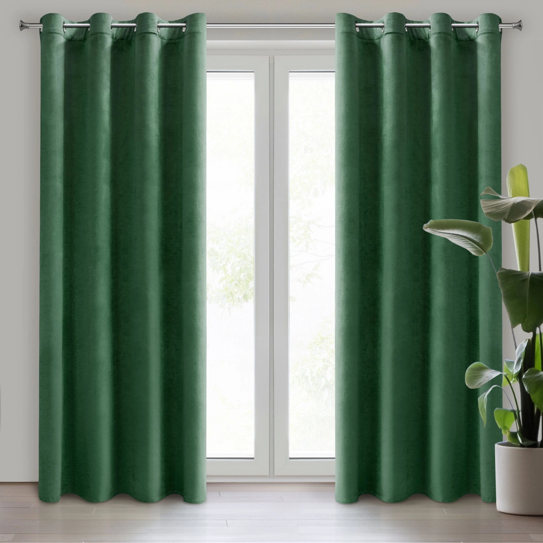 Závesy 140x250 cm zamatové matné tmavozelené na kovové krúžky DARLA