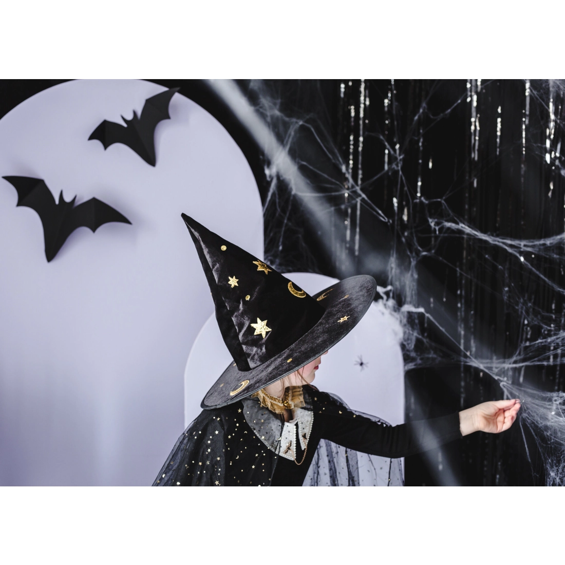 Pălărie de vrăjitor neagră cu stele și luni, 32 cm înălțime