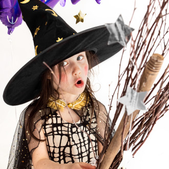 Čarovniški klobuk v črni barvi z zvezdami in meseci, višina 32 cm