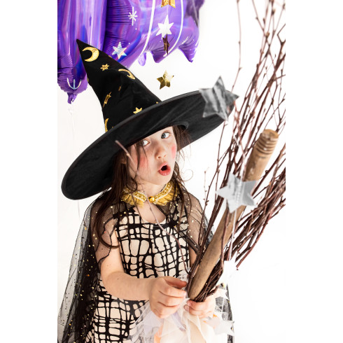 Čarovniški klobuk v črni barvi z zvezdami in meseci, višina 32 cm