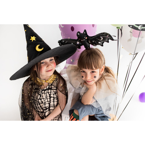 Čarovniški klobuk v črni barvi z zvezdami in meseci, višina 32 cm