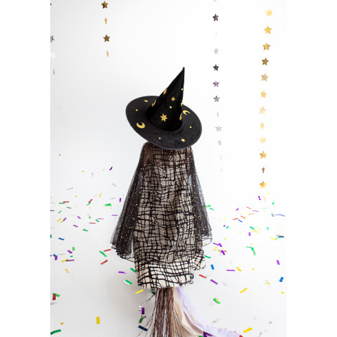 Čarovniški klobuk v črni barvi z zvezdami in meseci, višina 32 cm