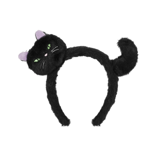 Fekete cica fejpánt fülecskékkel és farokkal, plüss, 23,5×18 cm