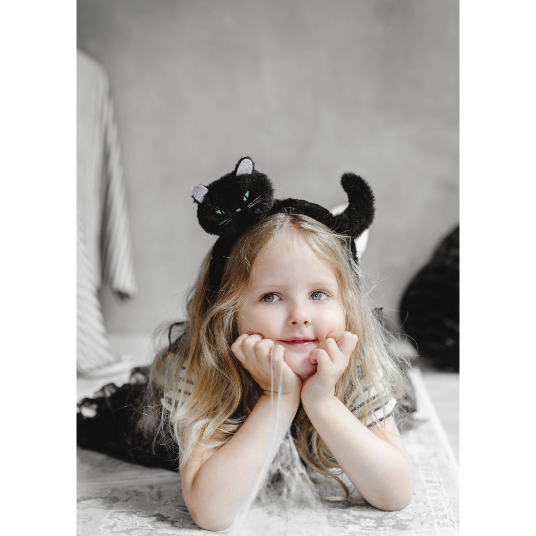 Cerchietto gatto nero con orecchie e coda, in peluche, 23,5 x 18 cm