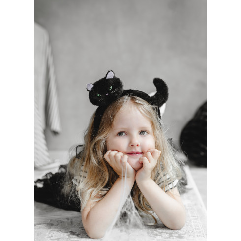 Naglavni trak črna mačka z ušeski in repom, plišast, 23,5 × 18 cm