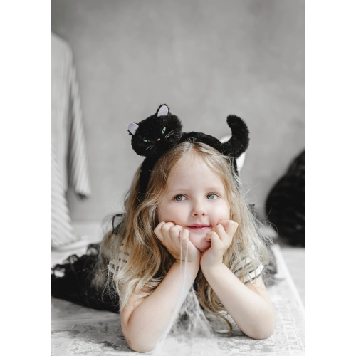 Fekete cica fejpánt fülecskékkel és farokkal, plüss, 23,5×18 cm