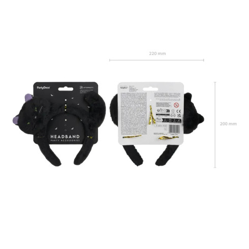 Naglavni trak črna mačka z ušeski in repom, plišast, 23,5 × 18 cm