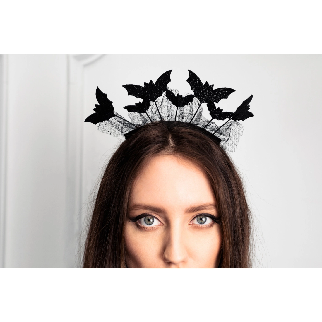 Bentiță de Halloween cu lilieci, neagră, 22x23 cm, accesoriu de petrecere