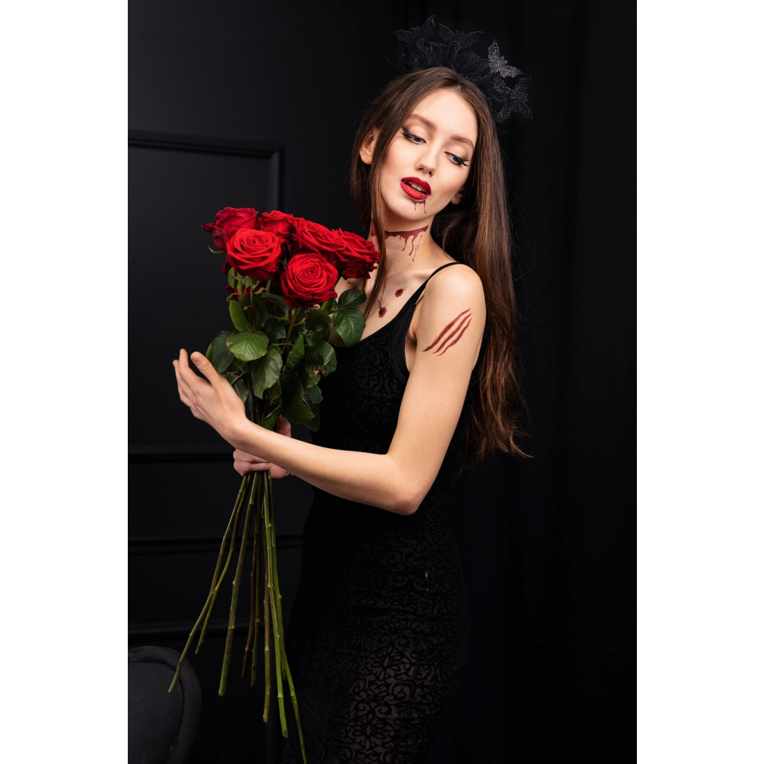 Bentiță de Halloween cu lilieci, neagră, 22x23 cm, accesoriu de petrecere