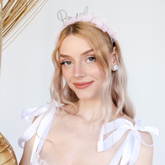 Nevesta: naglavni trak z rožnatim volanom in bleščečim napisom Bride