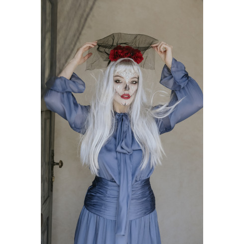 Naglavni trak s črnim tančico in rdečimi vrtnicami za karneval