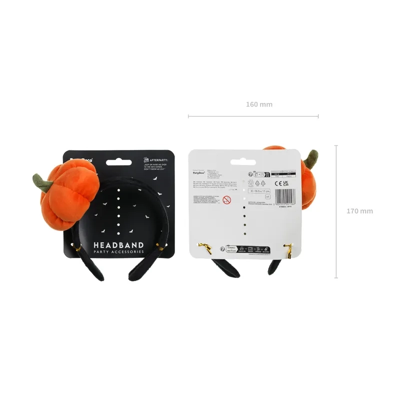 Bentiță cu dovleac din pluș, portocaliu-negru, 16,5x17 cm – pentru Halloween