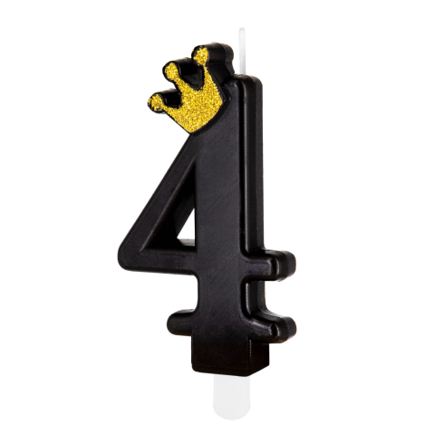 Fekete tortagyertya koronával, 4-es szám – 9 cm Fekete tortagyertya koronával, 4-es szám – 9 cm