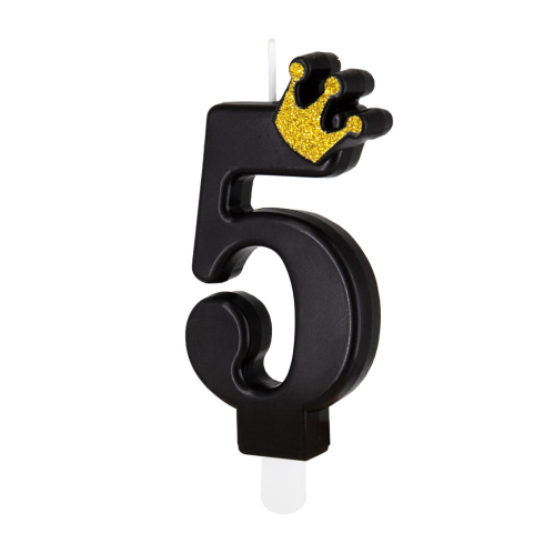 Fekete tortagyertya koronával, 5-ös szám – 9 cm Fekete tortagyertya koronával, 5-ös szám – 9 cm