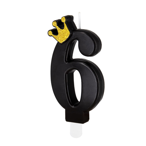 Fekete tortagyertya koronával, 6-os szám – 9 cm Fekete tortagyertya koronával, 6-os szám – 9 cm