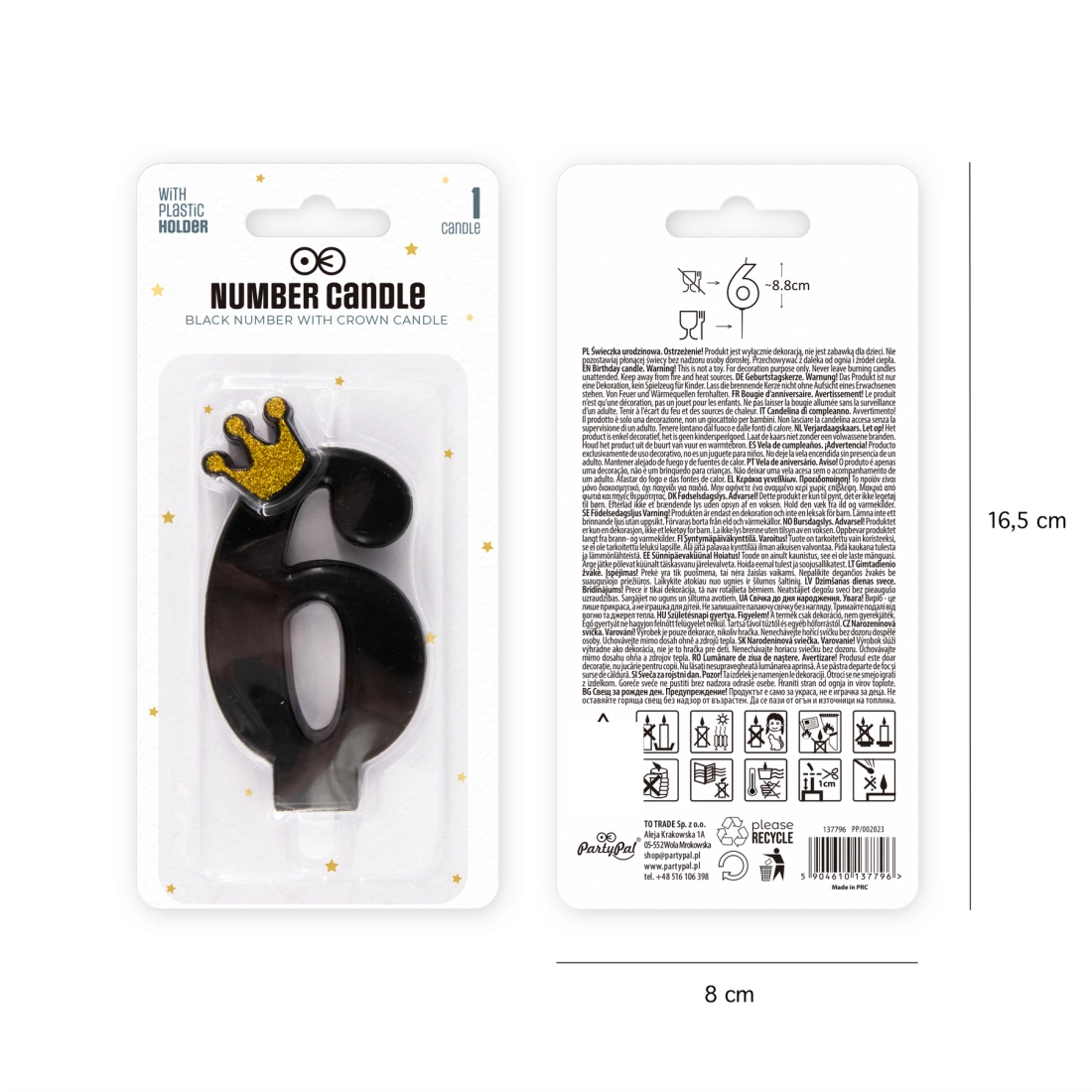 Lumânare de tort neagră cu coroană, cifra 6 - 9 cm