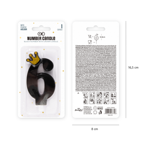 Fekete tortagyertya koronával, 6-os szám – 9 cm Fekete tortagyertya koronával, 6-os szám – 9 cm