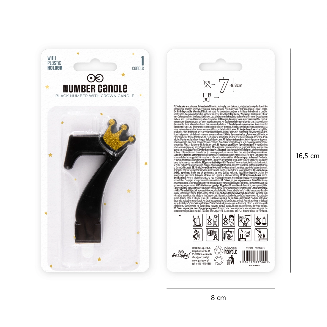 Lumânare tort neagră cu coroană, cifra 7 – 9 cm