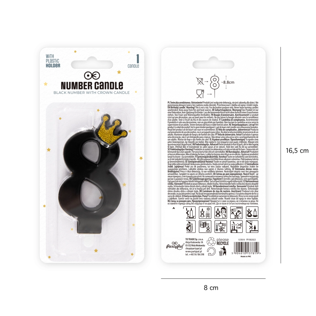 Fekete tortagyertya koronával, 8-as szám – 9 cm