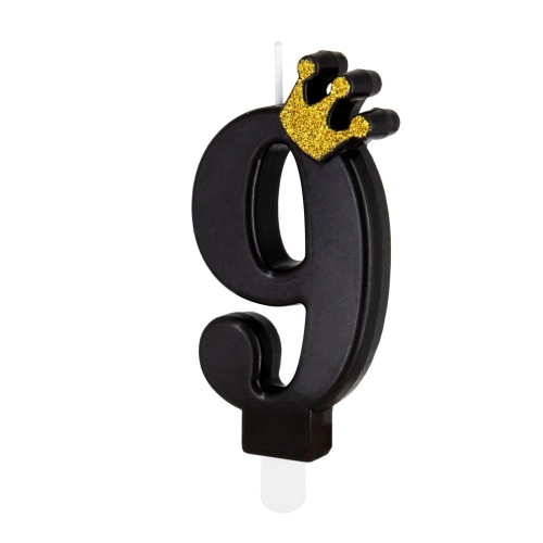 Črna tortna svečka s krono številka 9 - 9 cm